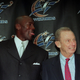 Michael Jordan with Abe Pollin after he signed with the Wizards in 2000. Getty